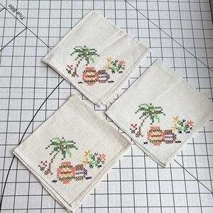 Vintage 1950s Tropical Cross-Stitch Linen Cocktail Napkins – Set of 3, Palm Tree